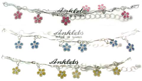 Assorted Color Flower & Silvertone Chain Anklet AN24A