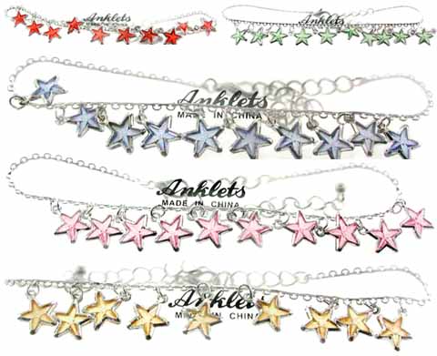 Assorted Color Star Charm & Silvertone Chain Anklet AN41A