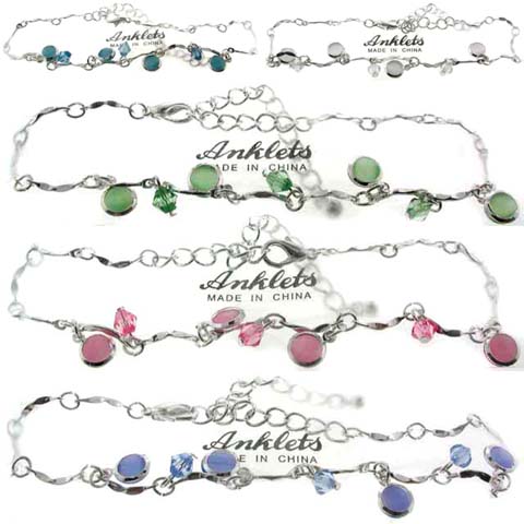 Assorted Color Crystal Charm & Silvertone Chain Anklet AN44A