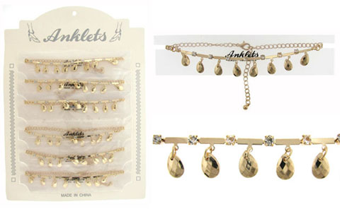 Goldtone Anklet With Rhinestones & Teardrop Charms AN5309