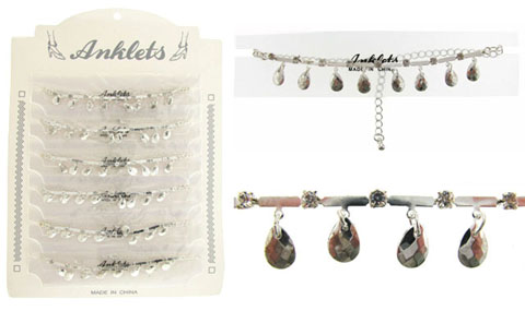 Silvertone Anklet With Rhinestones & Teardrop Charms AN5309A