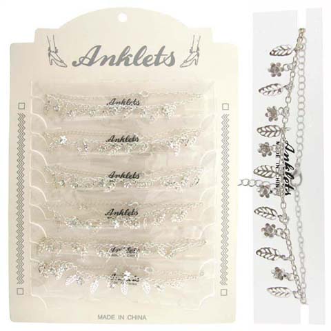 Silvertone Leaf & Crystal Charm Anklet AN5320A