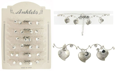 Rhinestone & Silvertone Heart Charm Anklet AN5324A