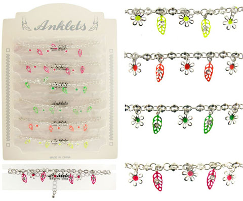 Anklet With Fluorescent Leaf & Flower Charms AN5375A