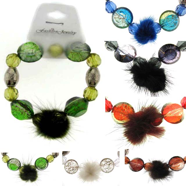 Rabbit Fur Beaded Stretch Bracelets (Style # B3233)