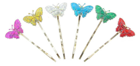 Silver, Assorted Color Butterfly End Bobby Pins (BP172S)