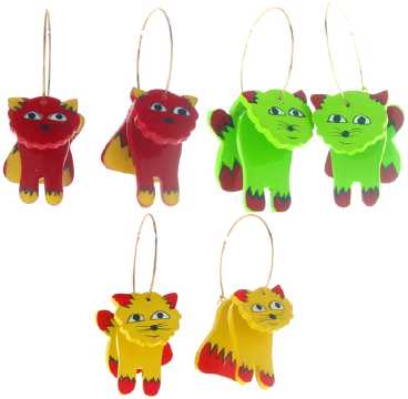 Hoop Earrings with Colorful Wooden Cat Dangles E4158