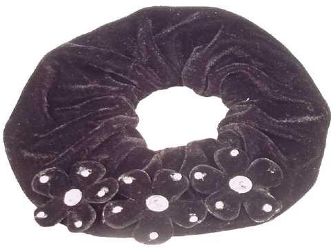 Black Velvet-Look Scrungies With Flower Beads HS94