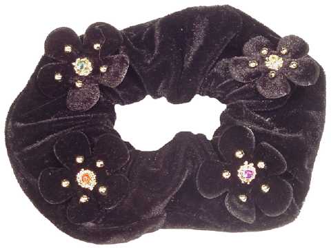 Black Velvet-Look Scrungies With Flower Beads HS97