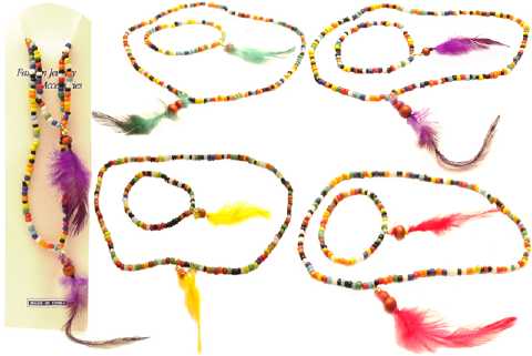 Assorted Color Necklace Bracelet Set With Feathers NB231