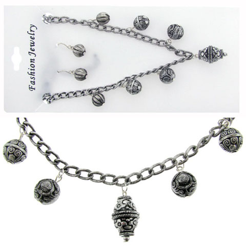 Silvertone Bead Dangle Necklace Earring Set NE109A