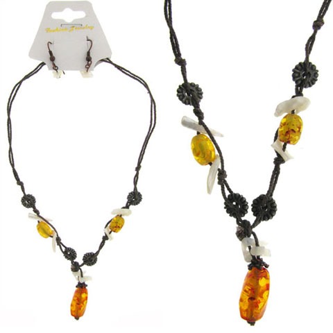 Multistrand Faux Amber & Shell Necklace Earring Set NE1210