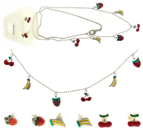 Silvertone Fruit Charm Necklace Earring Set NE127A