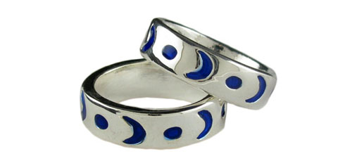 Silvertone Ring With Blue Enamel Moons and Dots R15034A