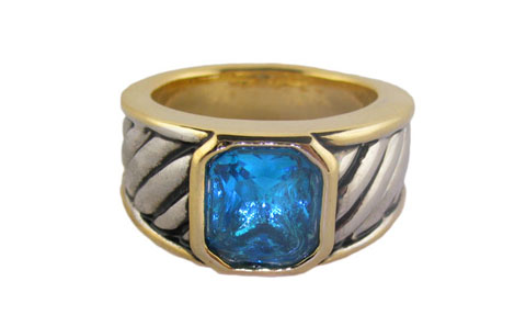 Gold & Silvertone Ring With Blue Gem Look Stone R19299B