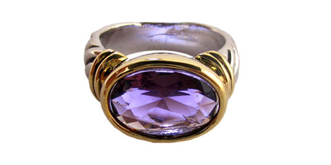 Gold & Silvertone Ring With Purple Gem Look Stone R19301B