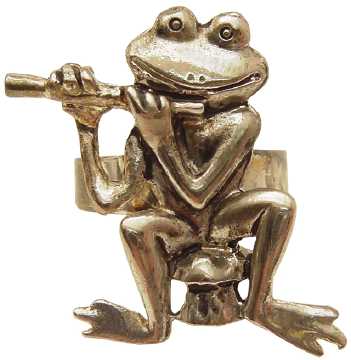 Silvertone Frog Playing Flute Ring R9255A