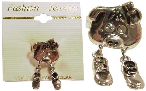 Silvertone Pig With Dangling Shoes Ring R9458A