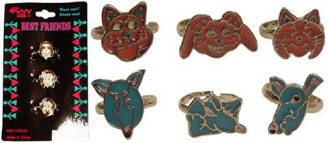 Silvertone And Enamel Cat And Dog Rings R993A