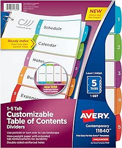 Avery 5 Tab Dividers for 3 Ring Binders, Customizable Table